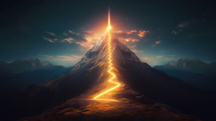 Fototapeta premium The road to success, the glowing light to the top, the future journey of the glowing mountain road