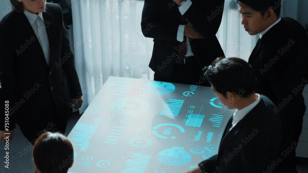 Poster top view of business people group discussing and brainstorming about marketing strategy with hologra