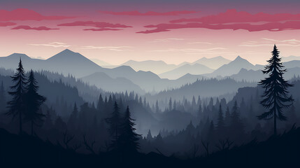 A vector representation of a foggy forest at dawn.