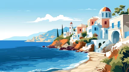 Foto op Canvas A vector representation of a Greek village by the sea. © Tayyab