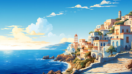 A vector representation of a Greek village by the sea. - obrazy, fototapety, plakaty
