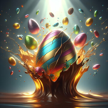Multicolored Bright and Colorful Decorated Foil Wrapped Easter Eggs Splashing Spraying Jumping Tore Exploded Broken Hole out with Cocoa Drops & Droplets of Single Bold Sweet Chocolate Easter Egg Shell