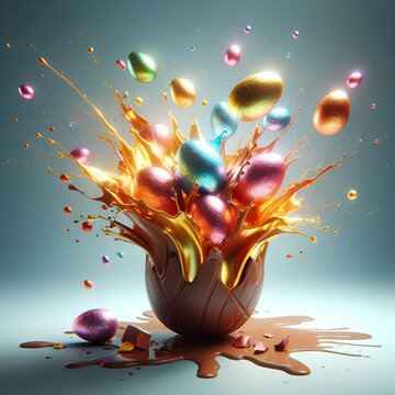 Multicolored Bright and Colorful Decorated Foil Wrapped Easter Eggs Splashing Spraying Jumping Tore Exploded Broken Hole out with Cocoa Drops & Droplets of Single Bold Sweet Chocolate Easter Egg Shell
