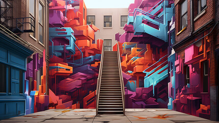 Naklejka premium A vector representation of a hidden street art installation in an urban alley.