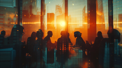 Fototapeta na wymiar A group of professionals silhouette against the vibrant hues of a sunset, seen through the reflective glass of a modern office building, encapsulating the essence of urban corporate life.