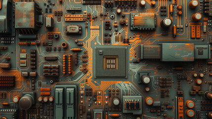 Fototapeta premium A detailed view of a vintage electronic circuit board, showcasing a variety of components and the complexity of its pathways, evoking a sense of retro technology and engineering.