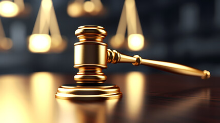 Close-up of gavel on judge's table with golden details symbolizing law, justice and court authority