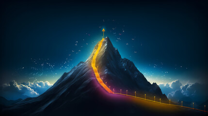 Fototapeta premium The road to success, the glowing light to the top, the future journey of the glowing mountain road