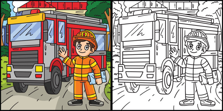 Firefighter and Fire Truck Coloring Illustration