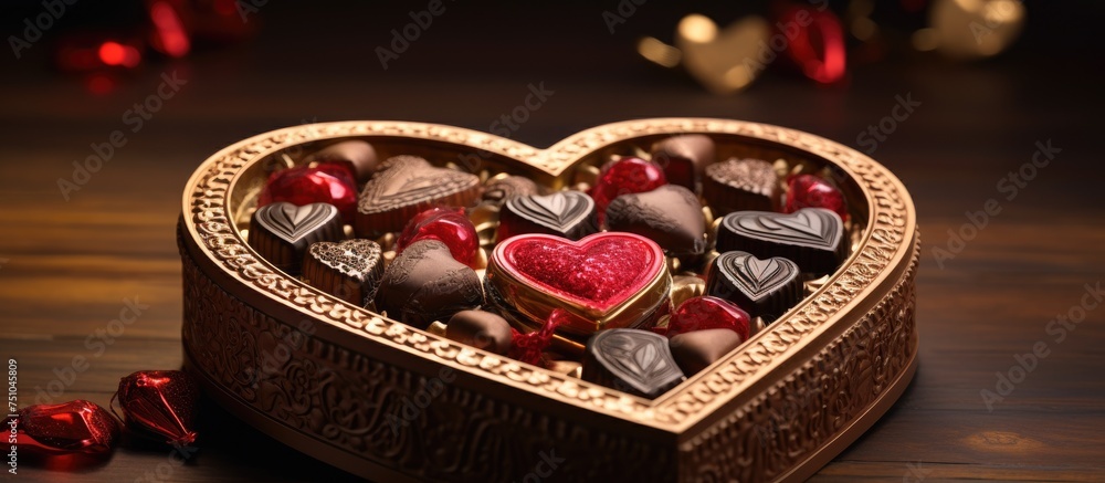 Poster a heart shaped box filled with an assortment of chocolates, showcasing a tempting display of sweets 