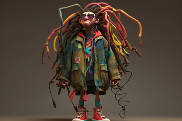 Cartoon character with long dreadlocks, fashionably dressed