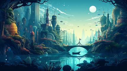 A vector representation of a surreal underwater city.