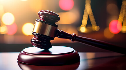 Close-up of gavel on judge's table with golden details symbolizing law, justice and court authority