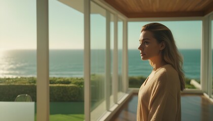 Woman-in-modern-house-overlooking-ocean