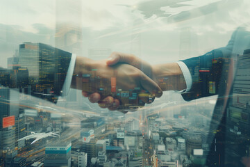 An overlaid image capturing a firm handshake superimposed on a bustling city background with visible aerial traffic, embodying the dynamic essence of modern business dealings. - obrazy, fototapety, plakaty