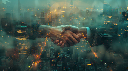 A striking image featuring two hands in a handshake, superimposed on a night cityscape, highlighting the theme of corporate relationships and urban progress in the evening lights. - obrazy, fototapety, plakaty