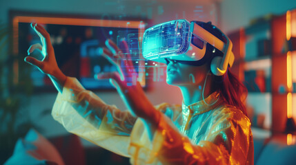 A woman is fully engaged with a virtual reality headset, interacting with a vivid, dynamic digital interface in a colorful, neon-lit room.