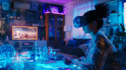 In a room bathed in neon blue light, a young individual is deeply immersed in a virtual reality game, surrounded by holographic projections and advanced gaming equipment.