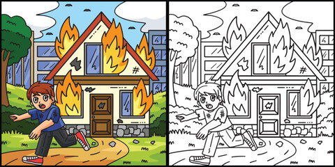 Firefighter Civilian Burning House Illustration