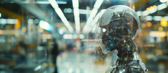 This image captures a humanoid android head in a futuristic facility, symbolizing the cutting-edge integration of artificial intelligence into modern technology and infrastructure.