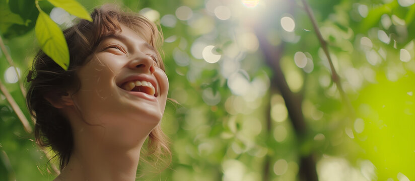 A close-up of a joyful face with a bright smile, looking upwards towards the sunlight streaming through vibrant green leaves, evoking a sense of happiness and connection with nature.