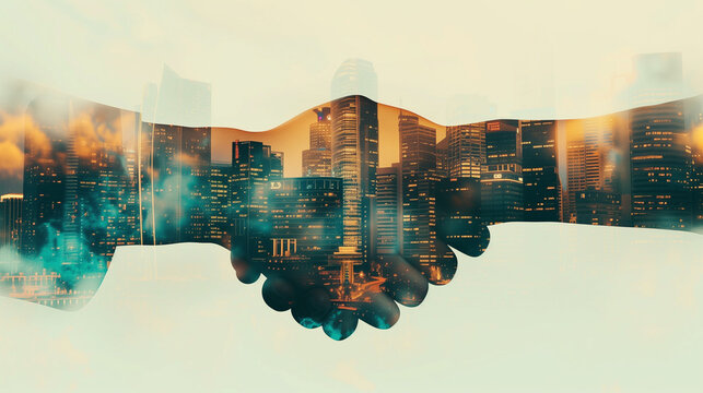 A digital composite image blending a handshake with a vibrant cityscape, symbolizing business partnerships and urban economic growth.