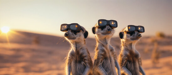 three meerkat wearing VR glasses, standing in the desert, funny animal concept - 751046633