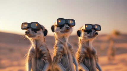three meerkat wearing VR glasses, standing in the desert, funny animal concept - 751046645