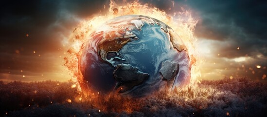 The image shows a burning earth set ablaze in the middle of a field. The earth appears engulfed in flames, symbolizing the impact of climate change and global warming. - obrazy, fototapety, plakaty
