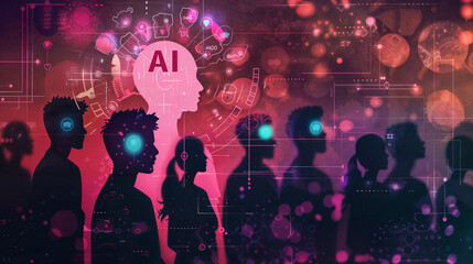 a group of silhouetted people standing in front of an abstract AI brain, artificial intelligence concept - 751047026