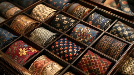 Ties on the shelf of shop. Mens fashion clothing.