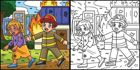 Firefighter Escorting a Survivor Illustration