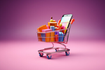 graphic illustration of a shopping cart with a cell phone and purchases, isolated on pink background - 751047259