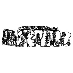 Stonehenge. Prehistoric megalithic monument on Salisbury Plain in Wiltshire, England. Hand drawn linear doodle rough sketch. Black and white silhouette.