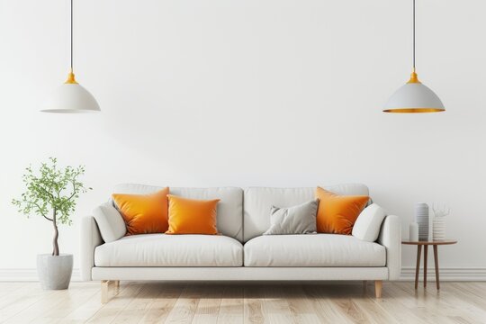 Bright and comfortable modern living room interior has sofa and lamp on white wall background