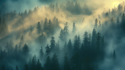 A forest with trees covered in mist - obrazy, fototapety, plakaty
