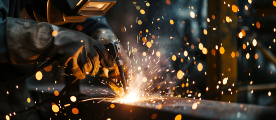 A man is working with a piece of metal, and sparks are flying