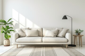 Bright and comfortable modern living room interior has sofa and lamp on white wall background