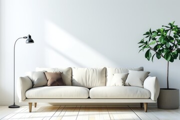 Bright and comfortable modern living room interior has sofa and lamp on white wall background - obrazy, fototapety, plakaty