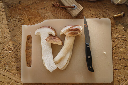 Top view of sliced birch bolete and knife