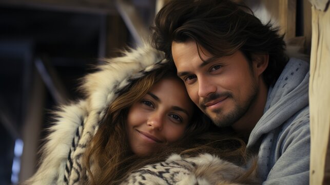 couple hugging in winter dressed in warm coats. Concept of a couple who love each other in a moment of relaxation in winter
