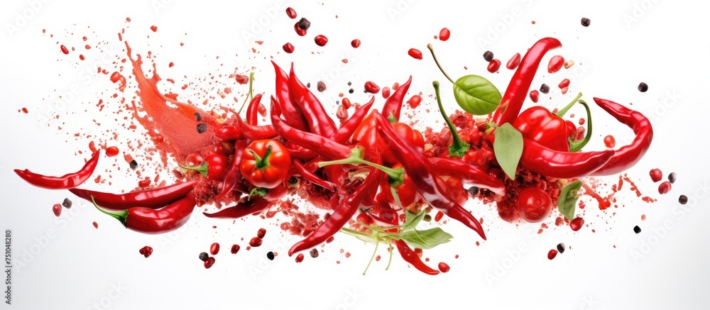 Poster a cluster of vibrant red peppers with green leaves and sprinkles arranged on a white background. the