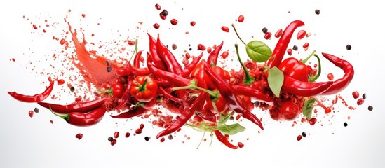 A cluster of vibrant red peppers with green leaves and sprinkles arranged on a white background. The peppers are fiery and intense, creating a visually striking composition.