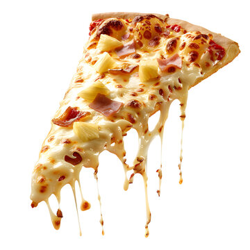 A single slice of Hawaiian pizza with hot melted cheese, ham, and pineapple toppings, isolated on transparent background.
