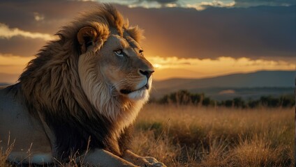 A strong lion looks at the picturesque nature