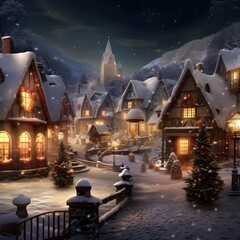 Beautiful winter night in european village. 3d rendering