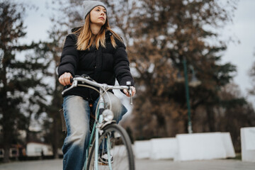 Focused young woman cycling through a scenic park with autumn vibes, promoting health and eco-friendly transportation.