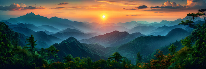 Sunset Landscape Green Mountains with Tropical J ,
A sunset over a valley with mountains and clouds.
 - obrazy, fototapety, plakaty