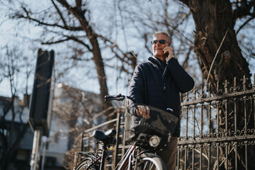 A mature man enjoys a sunny day outdoors, taking a break from riding his bicycle to make a phone call, against an urban backdrop.