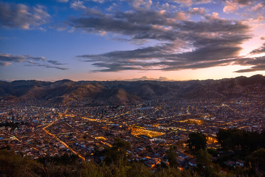 Panoramic twilight view on Cusco Peru